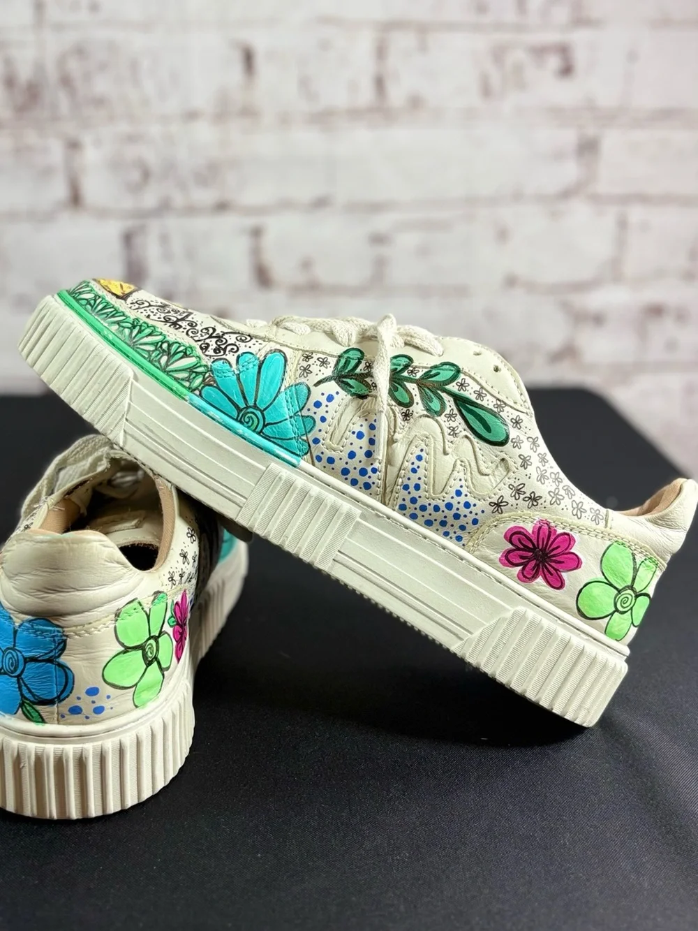 Hand-Painted Floral Platform Sneakers - Cream Canvas with Multicolor Flowers